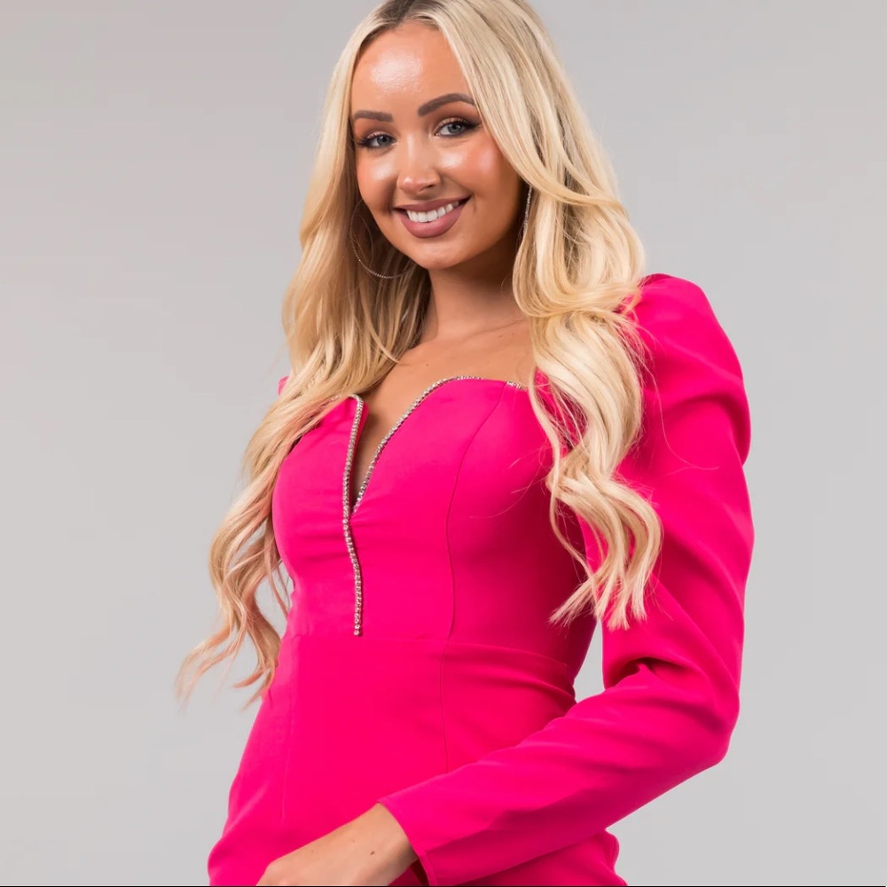Magenta Deep V Neck Rhinestone Detail Mini Dress-Small NWT